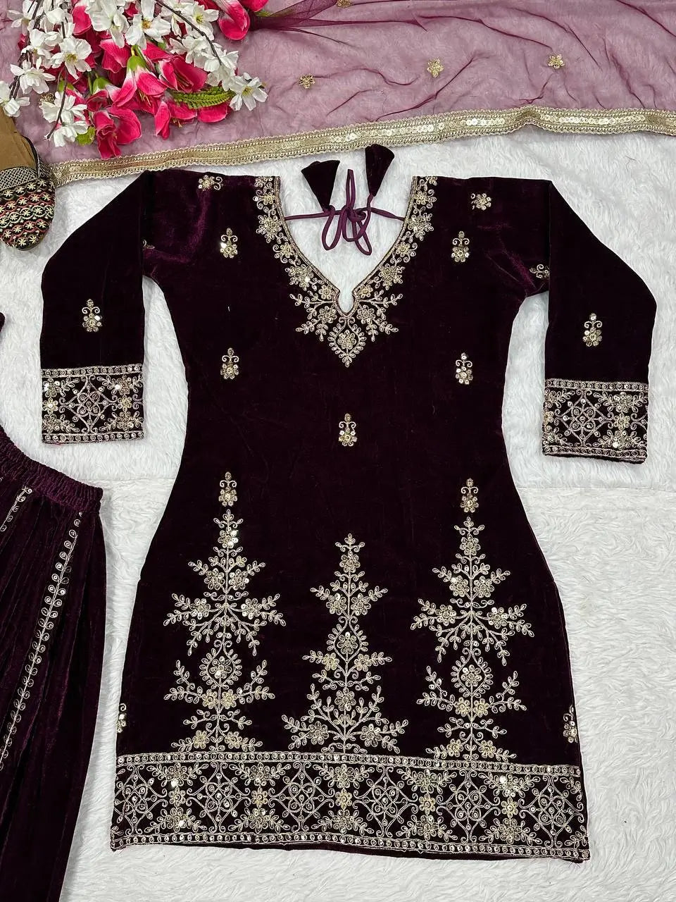 Velvet Embroidered Sharara Suit Set