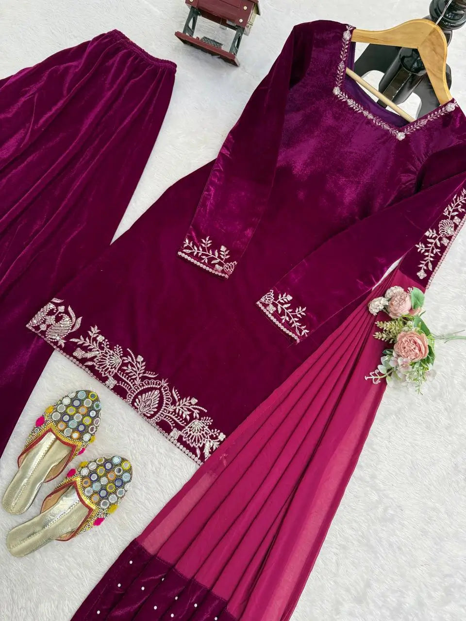 Velvet Embroidered Sharara Suit Set
