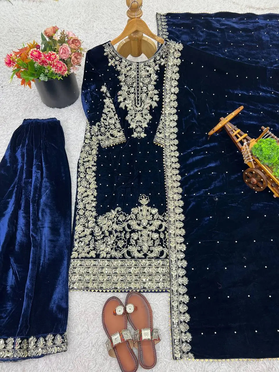 Velvet Embroidered Sharara Suit Set
