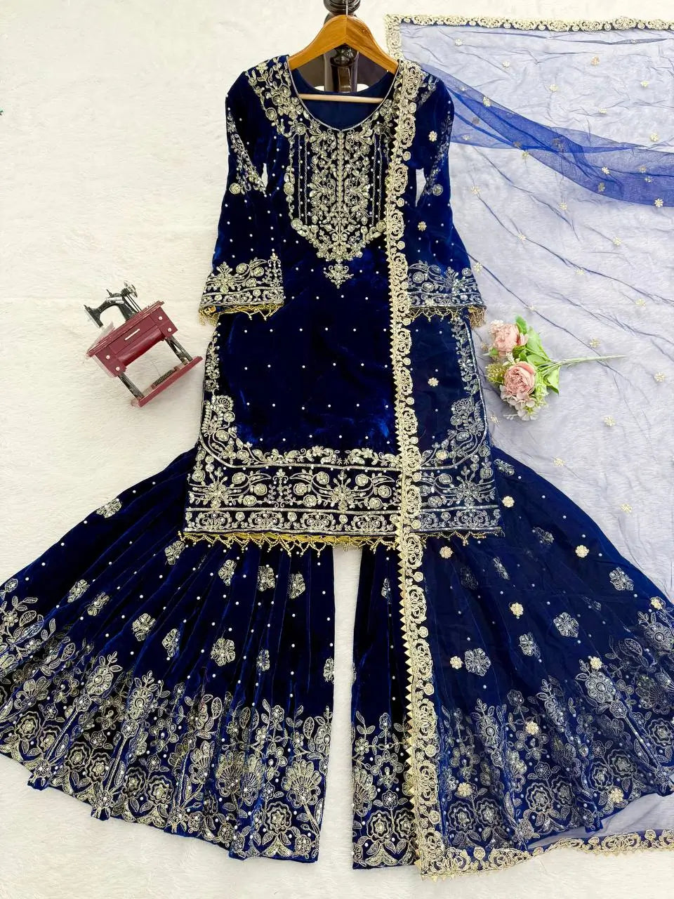 Velvet Embroidered Sharara Suit Set