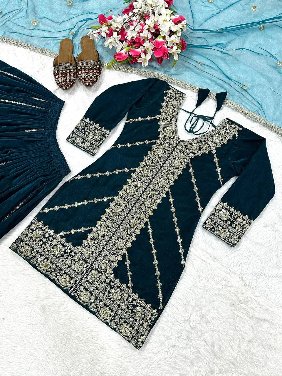 Velvet Embroidered Sharara Suit Set