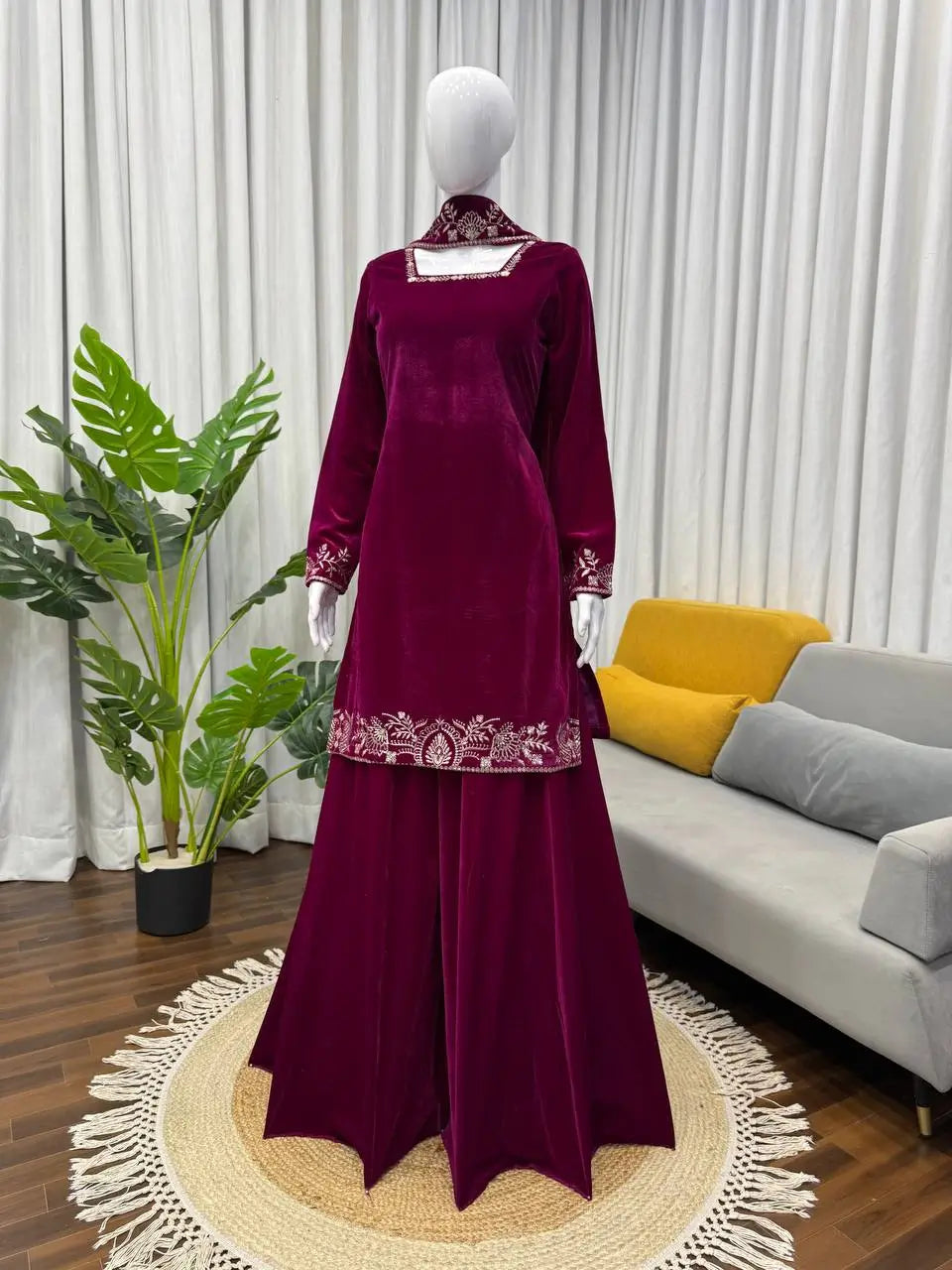 Velvet Embroidered Sharara Suit Set