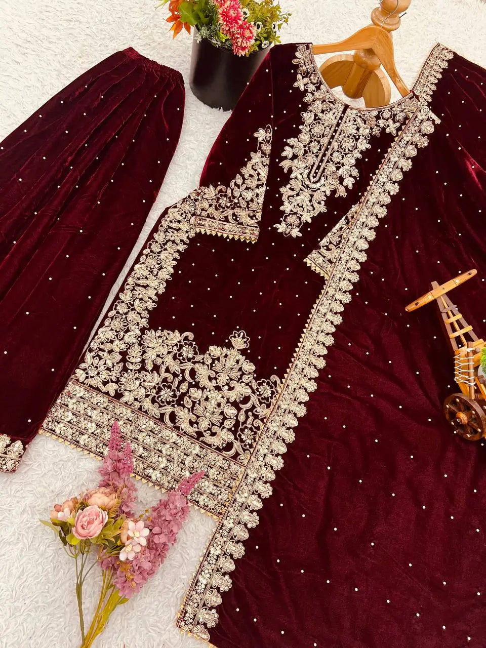 Velvet Embroidered Sharara Suit Set