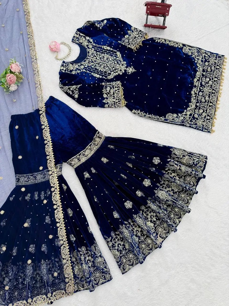 Velvet Embroidered Sharara Suit Set