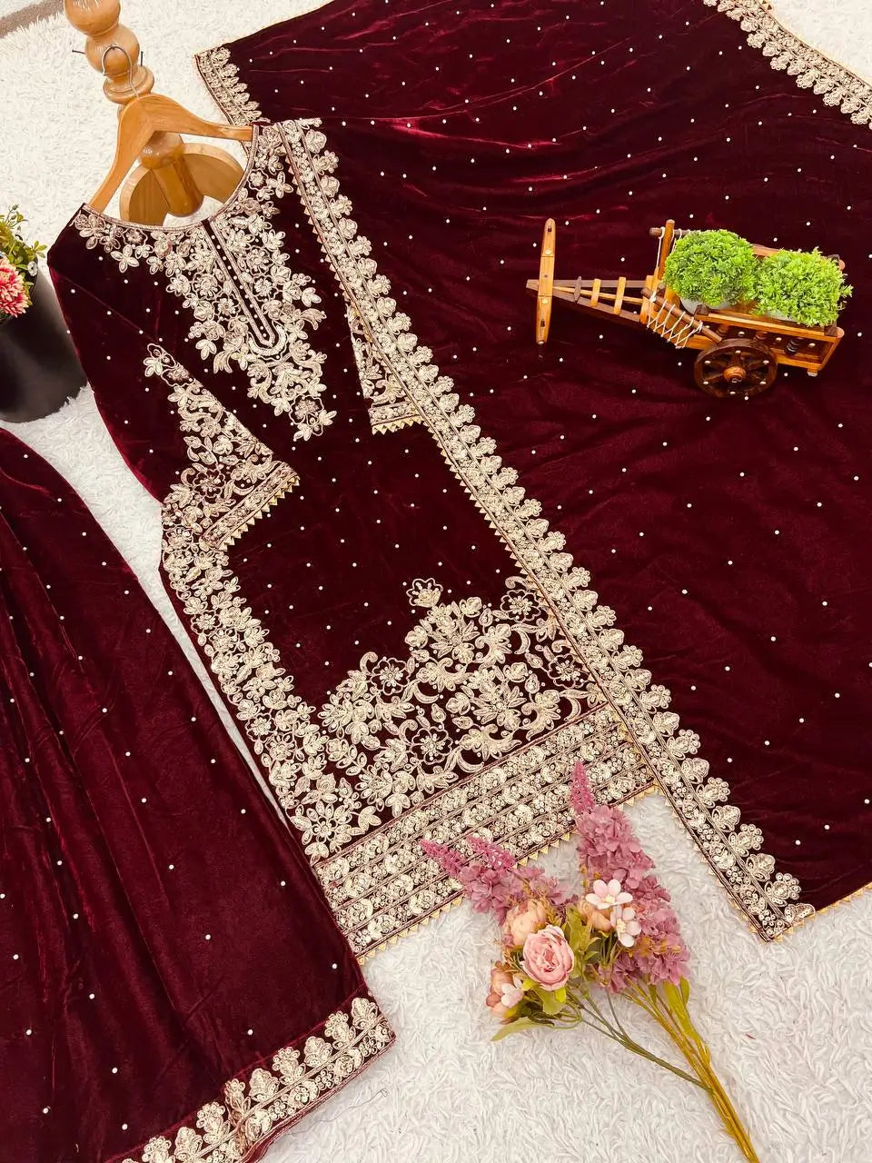 Velvet Embroidered Sharara Suit Set