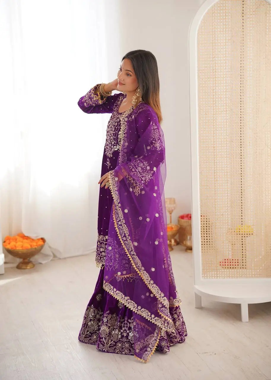 Velvet Embroidered Sharara Suit Set