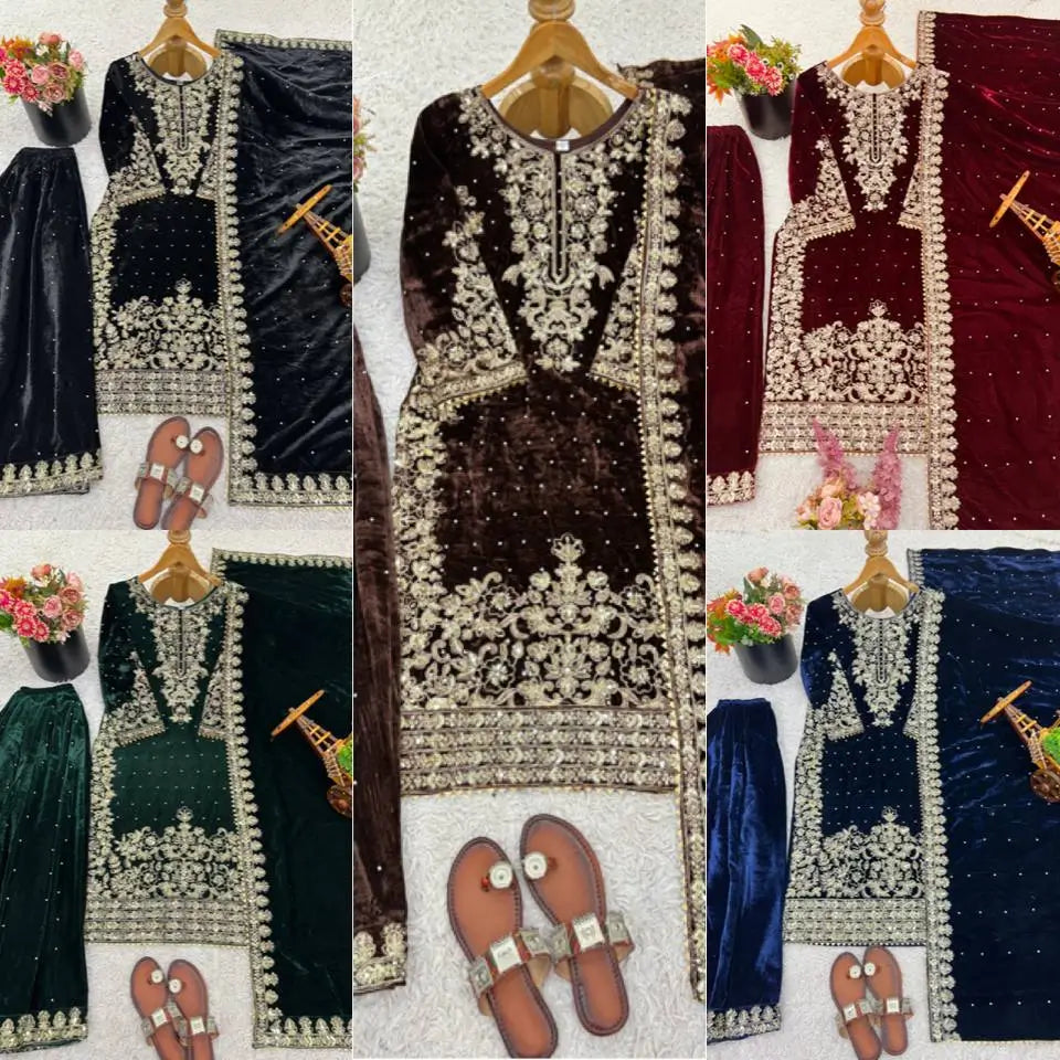 Velvet Embroidered Sharara Suit Set