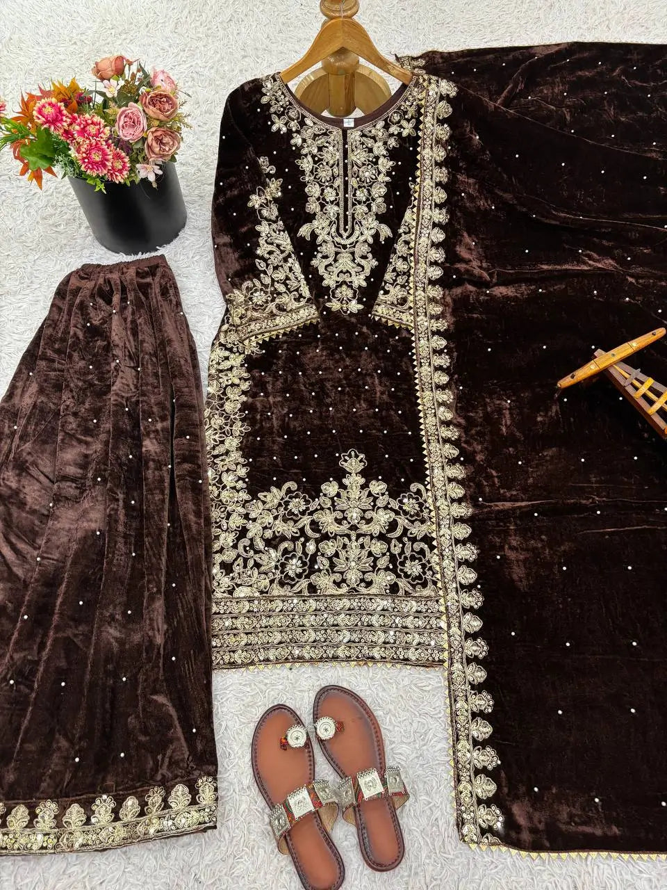 Velvet Embroidered Sharara Suit Set