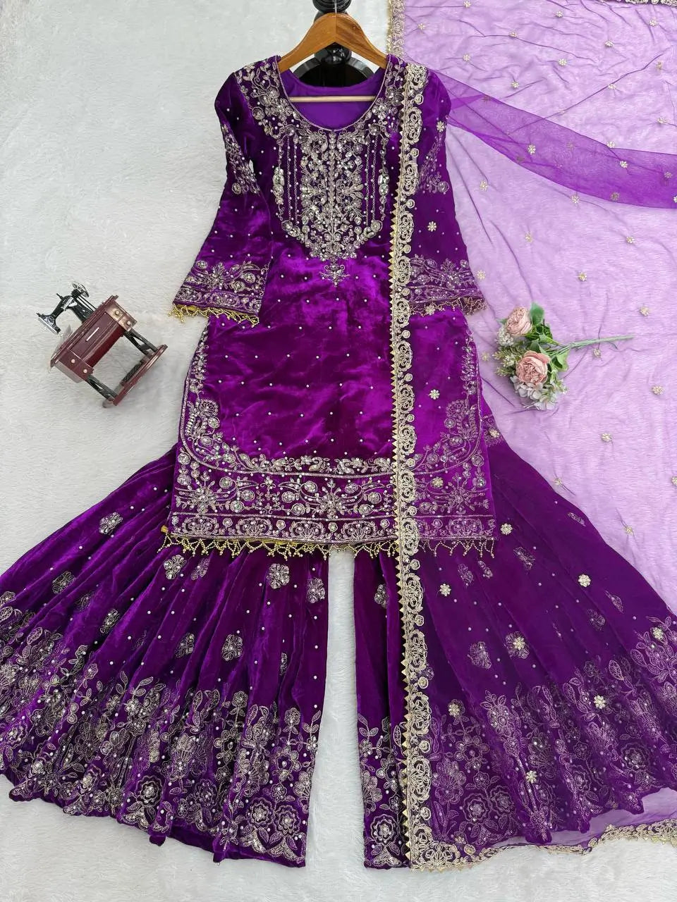 Velvet Embroidered Sharara Suit Set