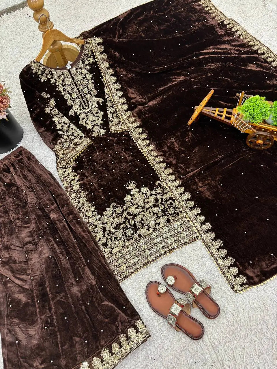 Velvet Embroidered Sharara Suit Set