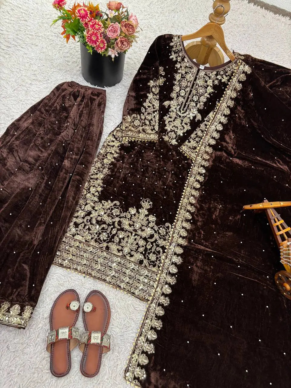 Velvet Embroidered Sharara Suit Set