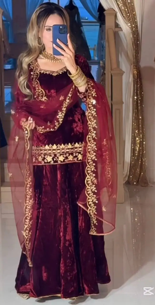 Velvet Embroidered Sharara Suit Set