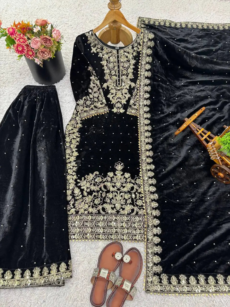 Velvet Embroidered Sharara Suit Set