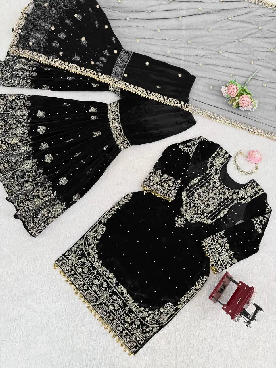 Velvet Embroidered Sharara Suit Set