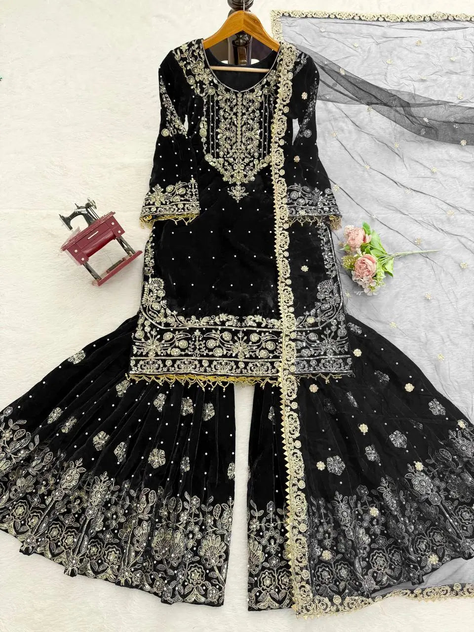 Velvet Embroidered Sharara Suit Set