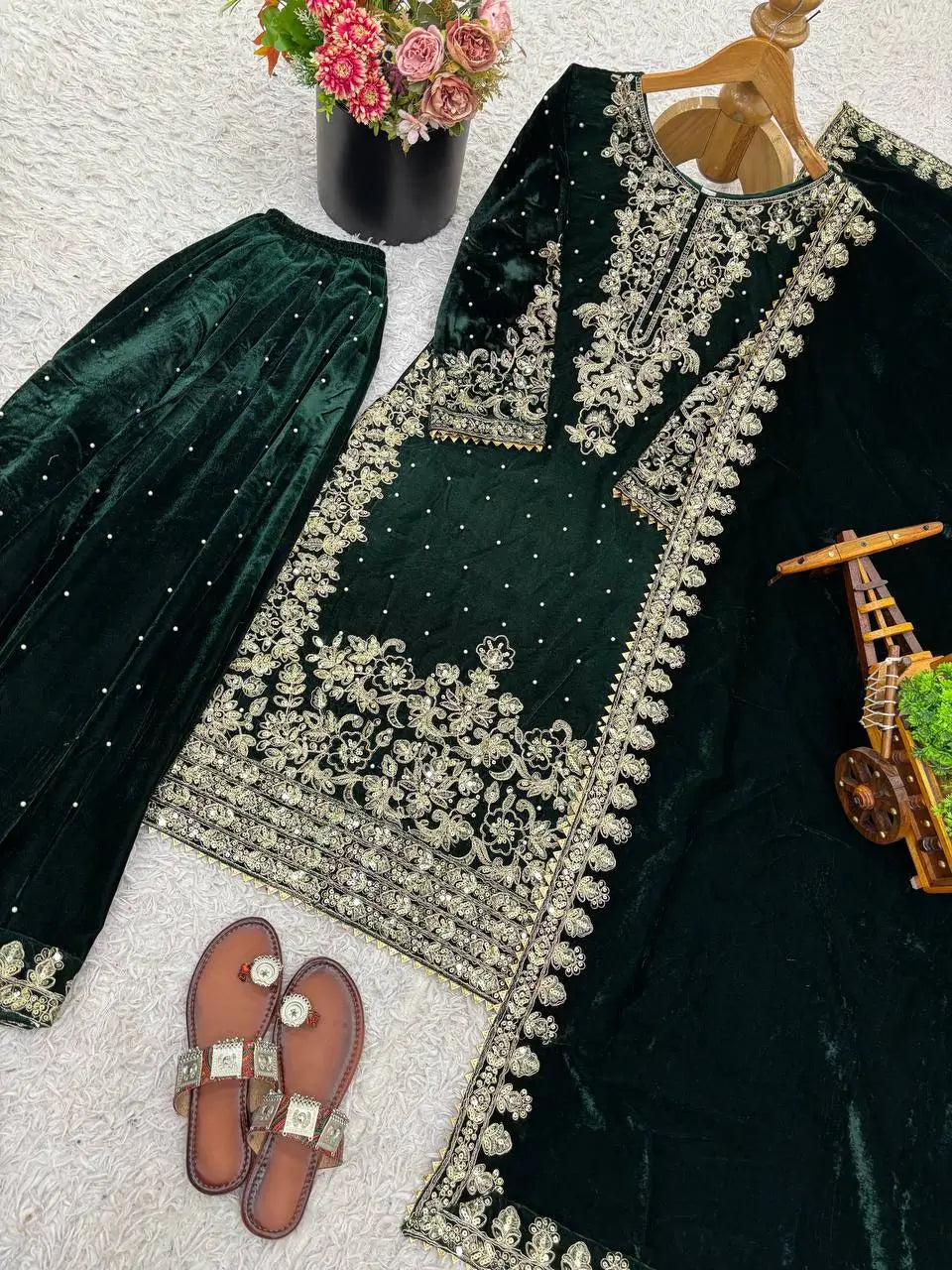 Velvet Embroidered Sharara Suit Set