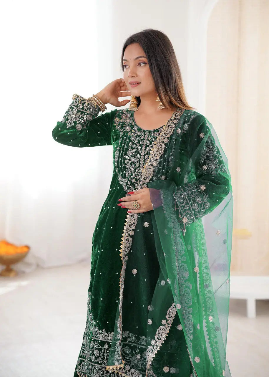 Velvet Embroidered Sharara Suit Set