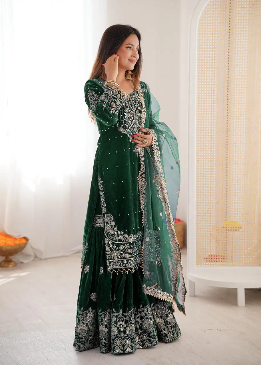 Velvet Embroidered Sharara Suit Set