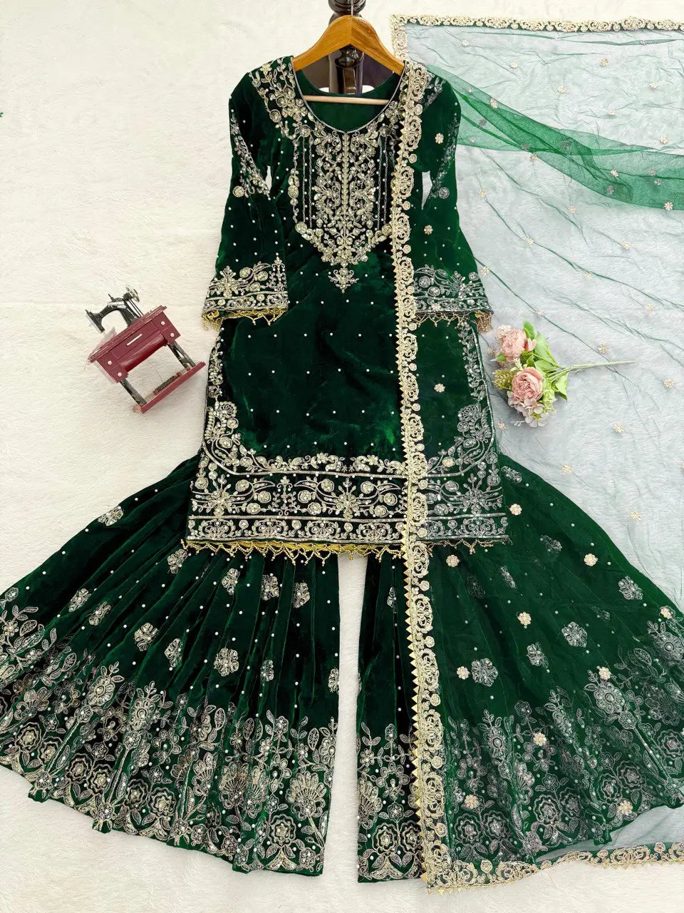 Velvet Embroidered Sharara Suit Set