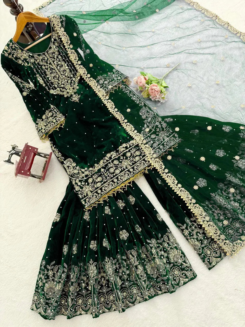Velvet Embroidered Sharara Suit Set