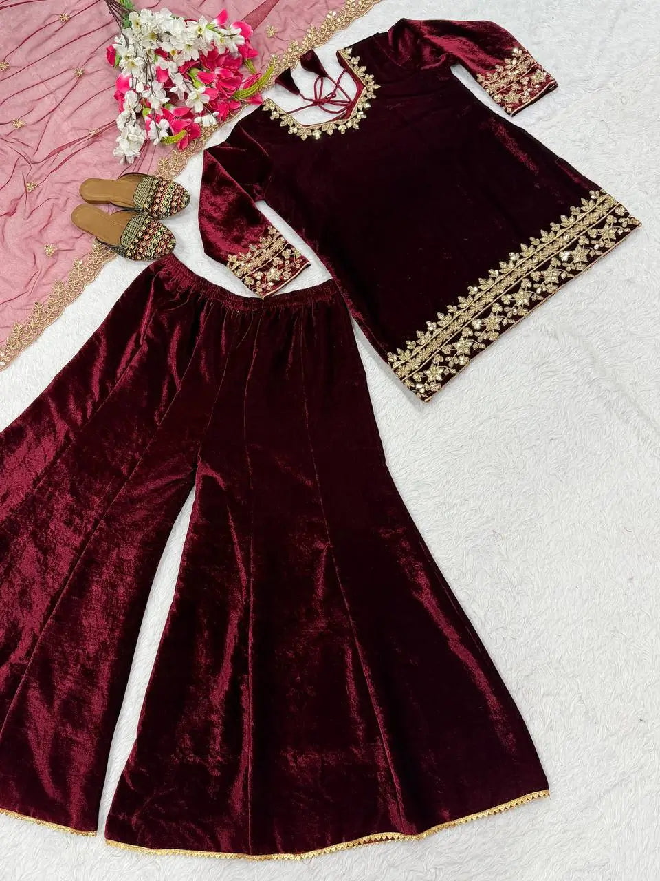 Velvet Embroidered Sharara Suit Set
