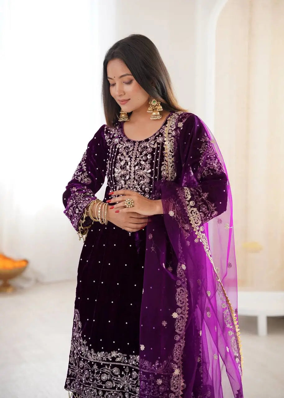Velvet Embroidered Sharara Suit Set