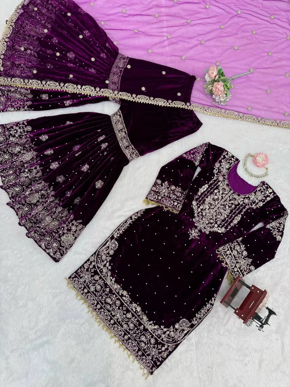 Velvet Embroidered Sharara Suit Set