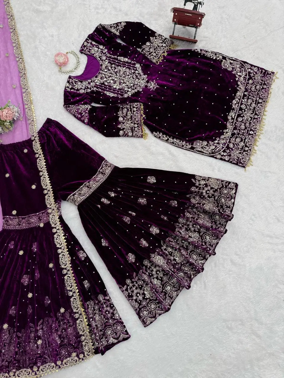 Velvet Embroidered Sharara Suit Set
