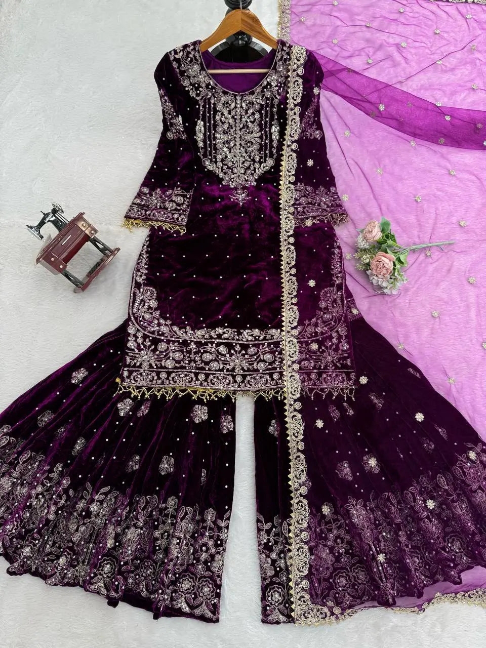 Velvet Embroidered Sharara Suit Set