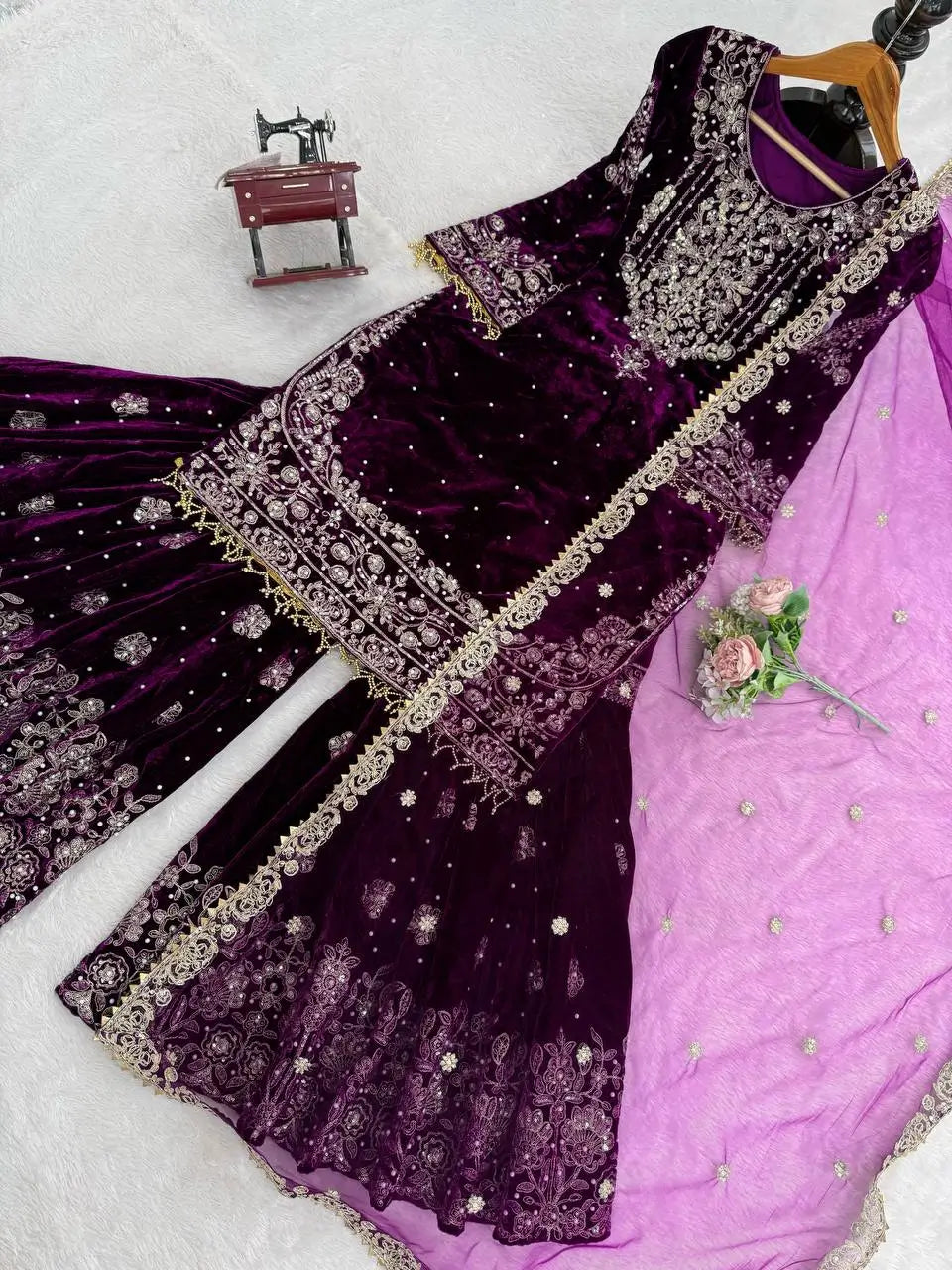 Velvet Embroidered Sharara Suit Set