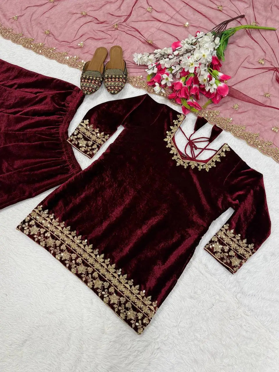 Velvet Embroidered Sharara Suit Set