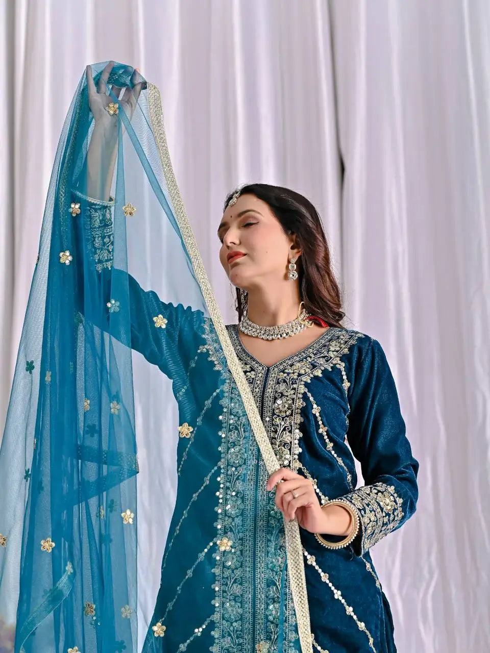 Velvet Embroidered Sharara Suit Set