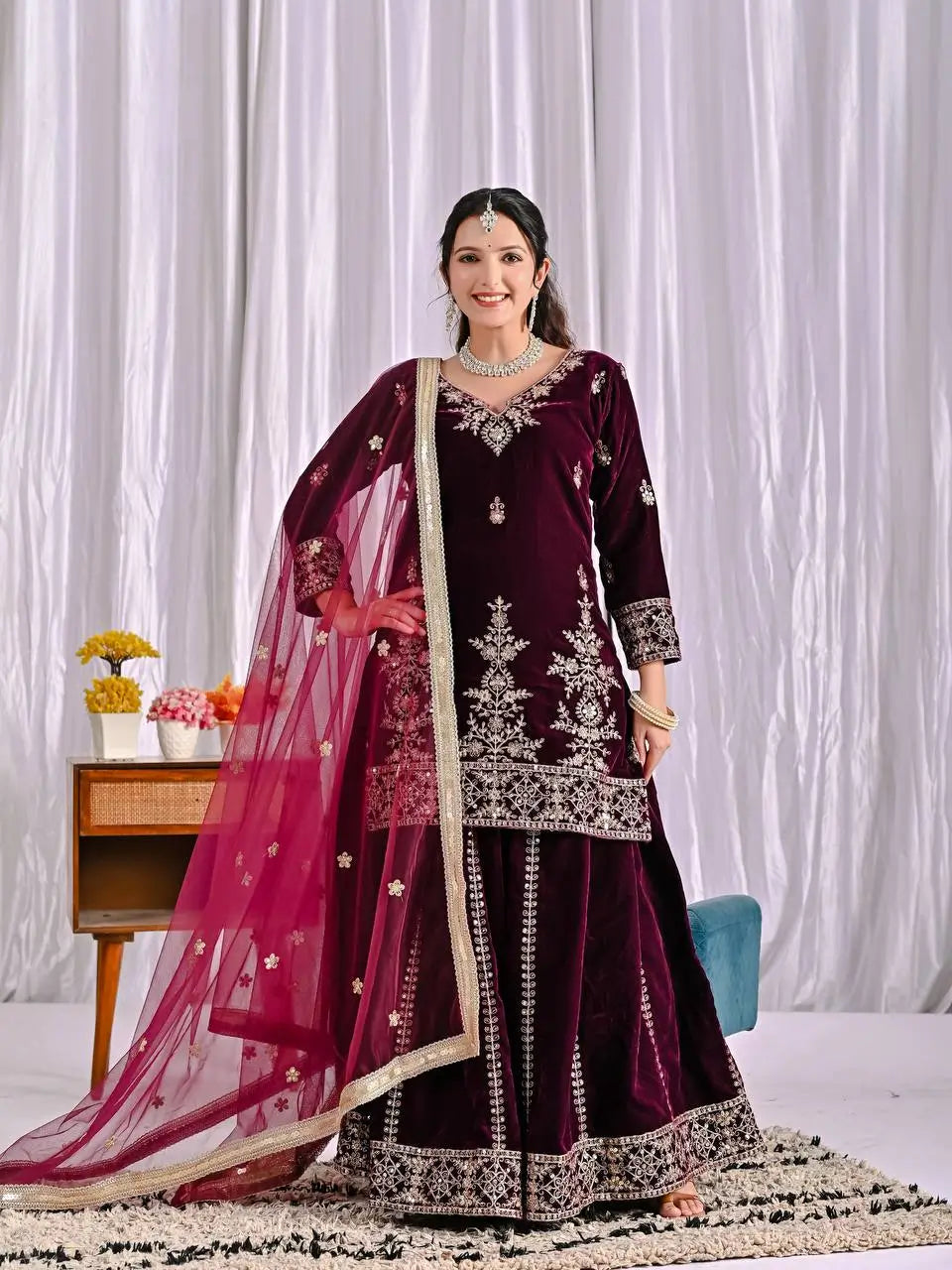 Velvet Embroidered Sharara Suit Set
