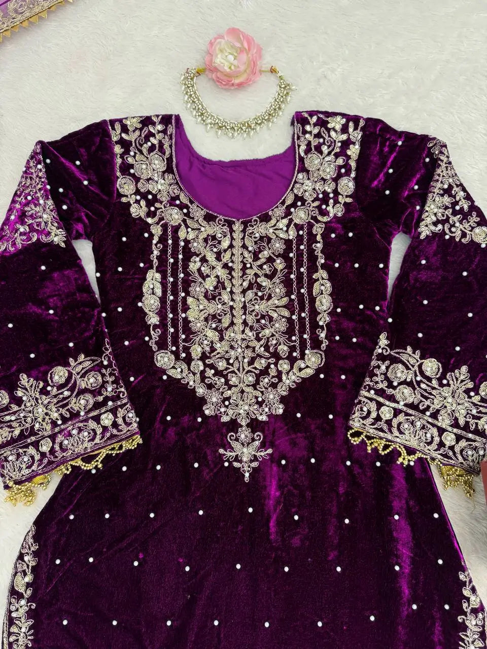 Velvet Embroidered Sharara Suit Set