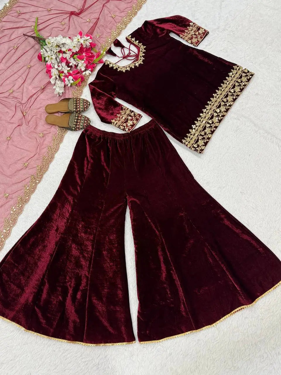 Velvet Embroidered Sharara Suit Set