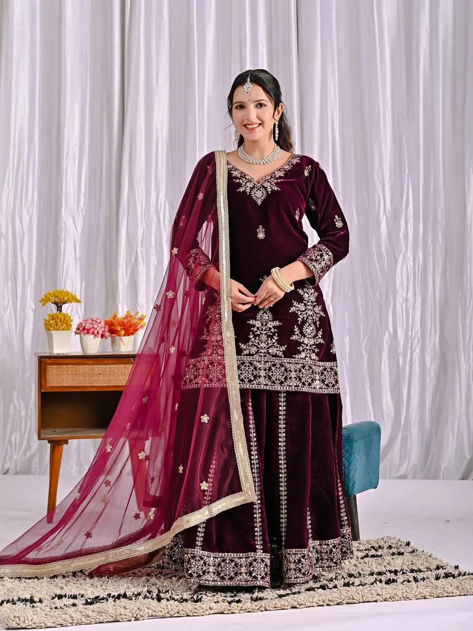 Velvet Embroidered Sharara Suit Set