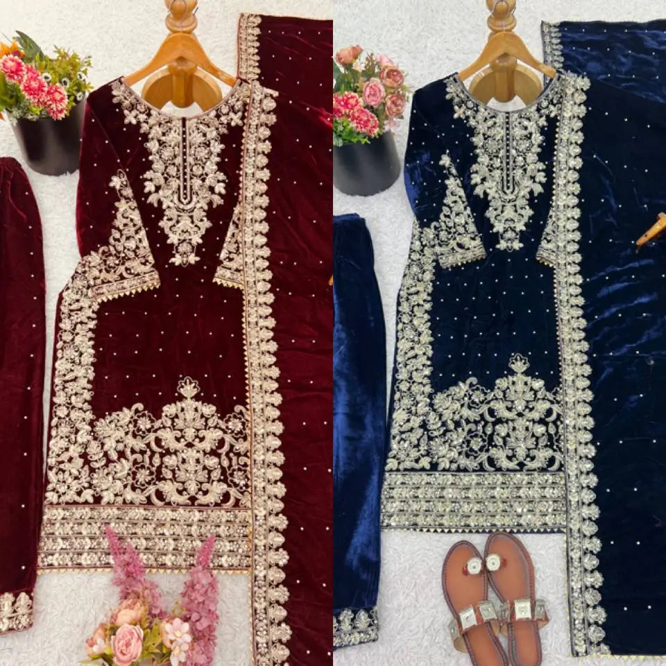 Velvet Embroidered Sharara Suit Set