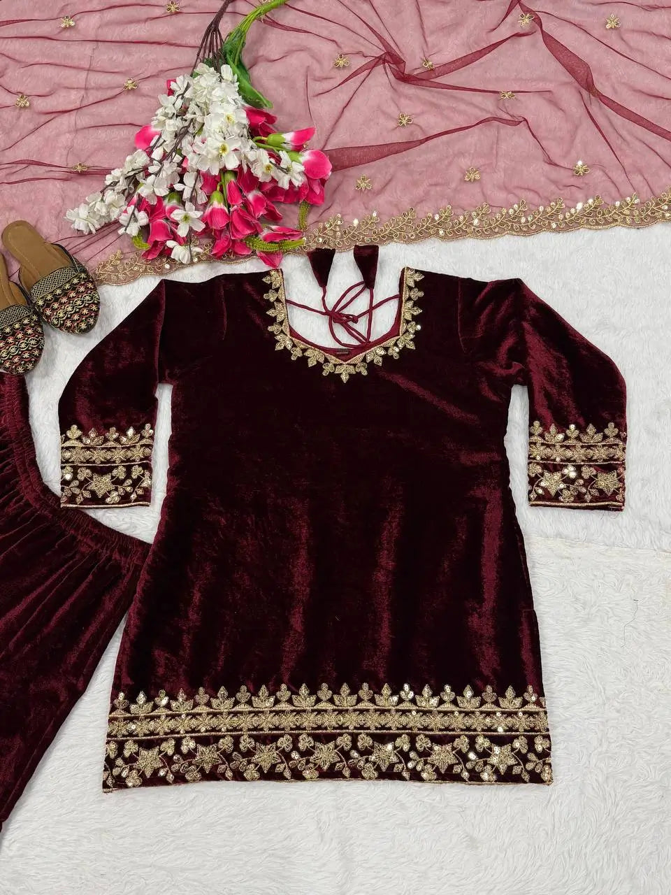 Velvet Embroidered Sharara Suit Set