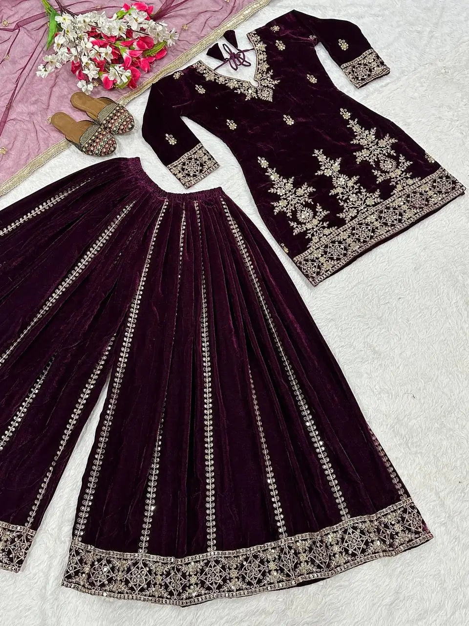 Velvet Embroidered Sharara Suit Set