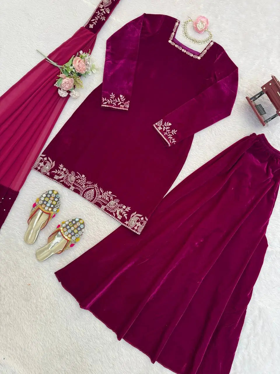Velvet Embroidered Sharara Suit Set