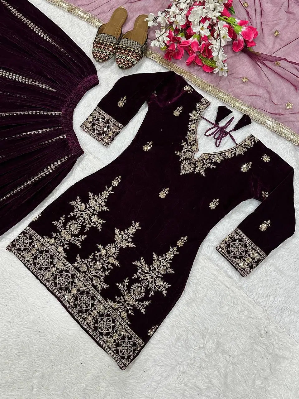 Velvet Embroidered Sharara Suit Set
