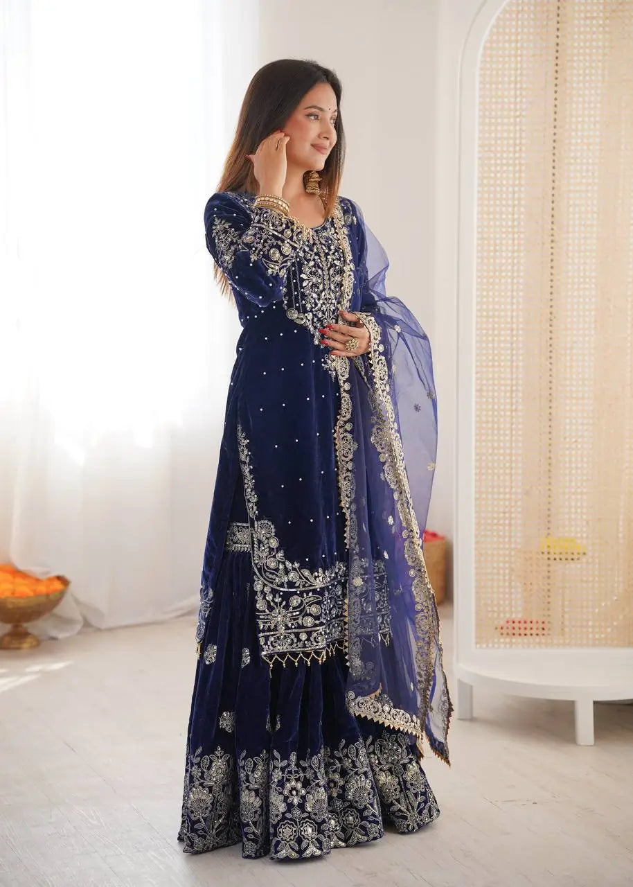Velvet Embroidered Sharara Suit Set