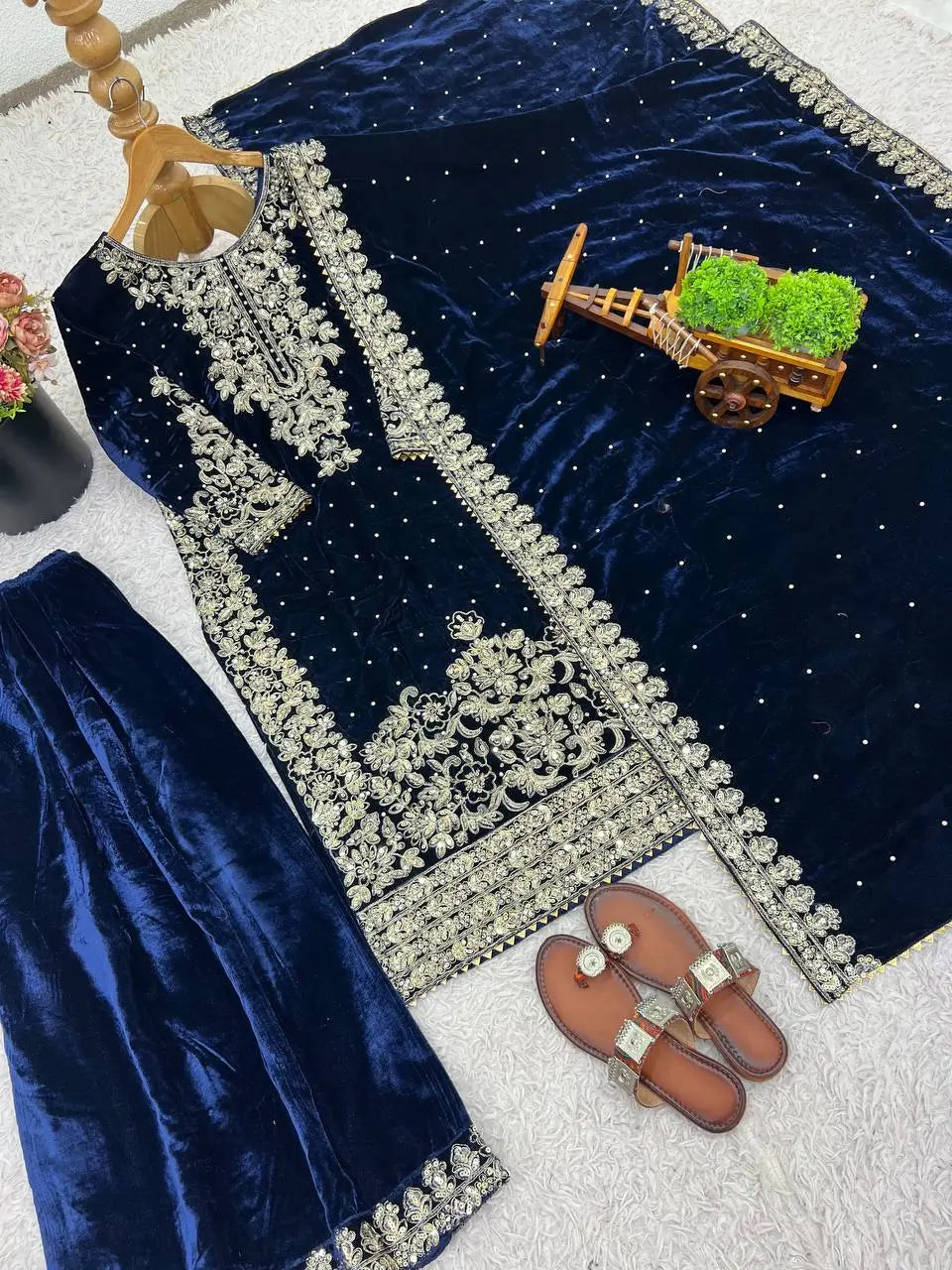 Velvet Embroidered Sharara Suit Set