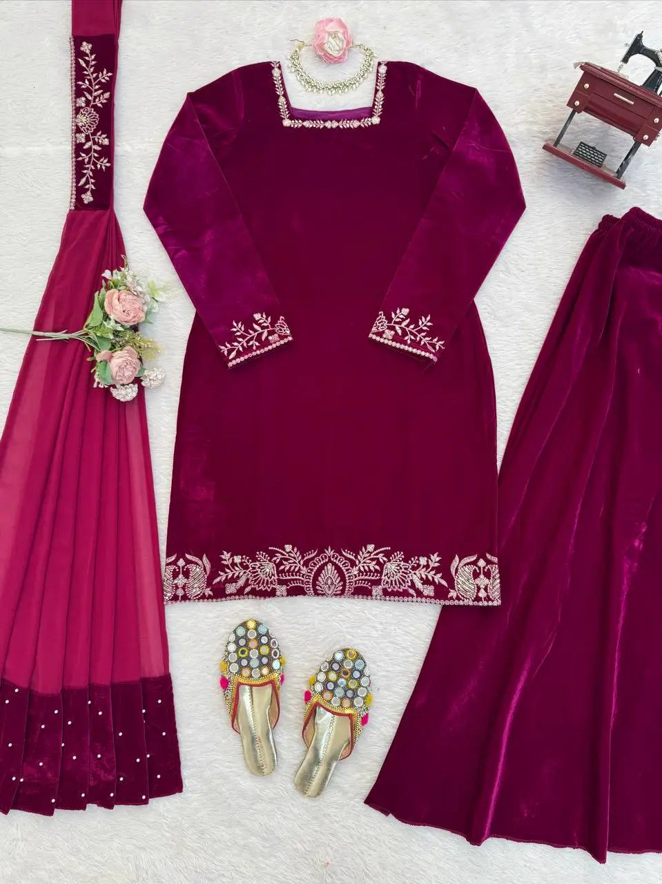 Velvet Embroidered Sharara Suit Set