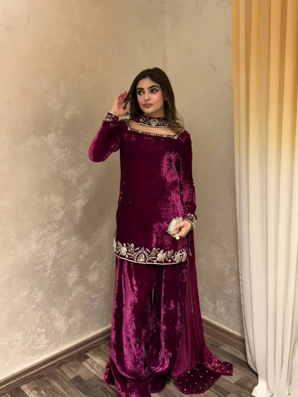 Velvet Embroidered Sharara Suit Set