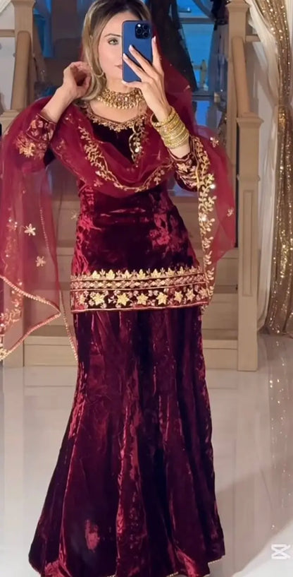 Velvet Embroidered Sharara Suit Set