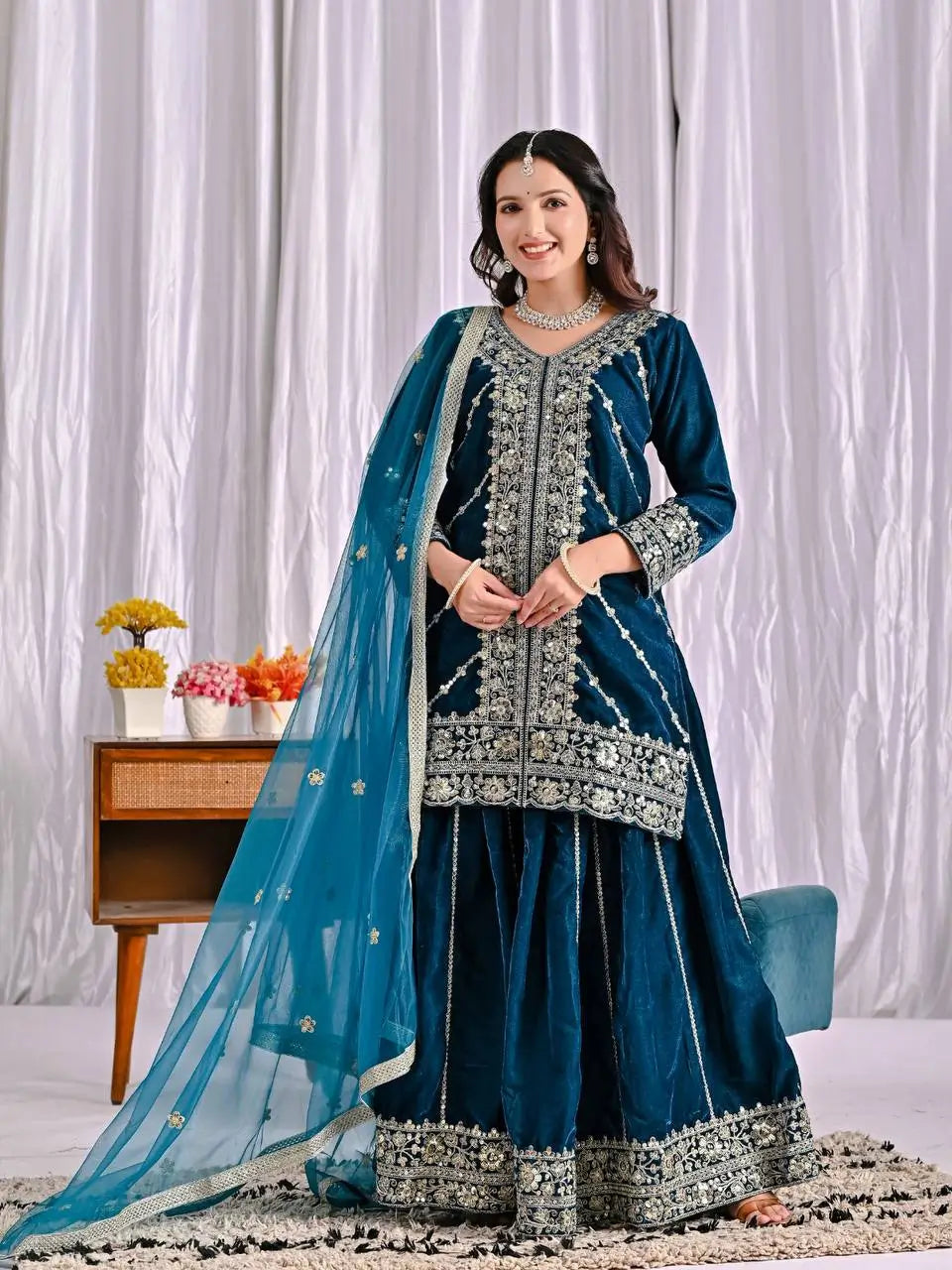 Velvet Embroidered Sharara Suit Set