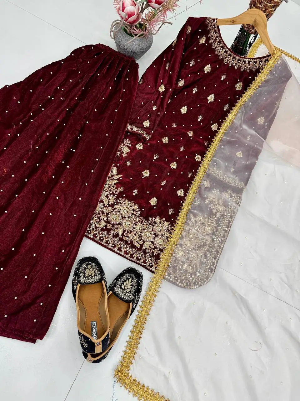 Velvet Embroidered Suit Set