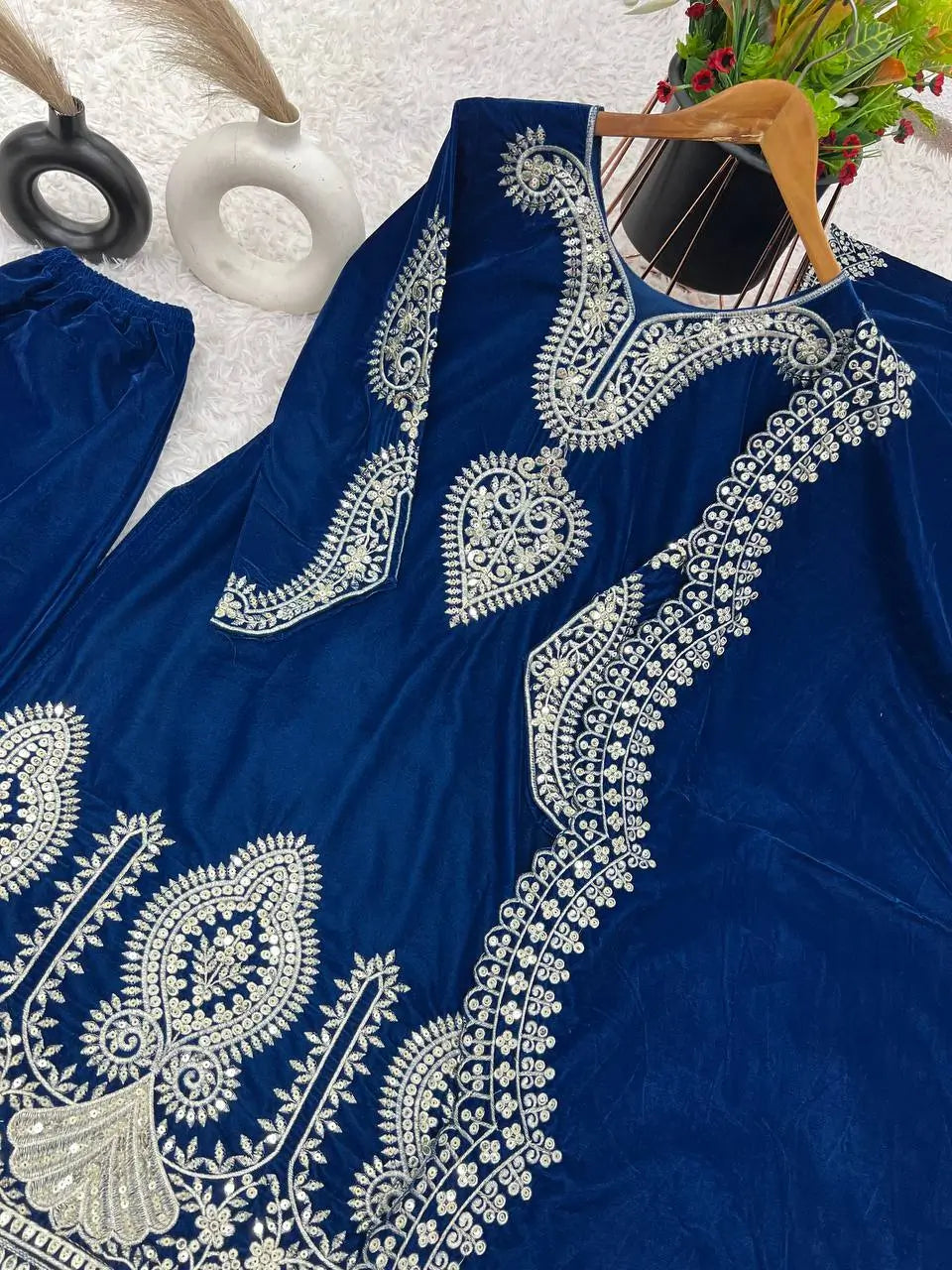 Velvet Embroidered Suit Set with Dupatta