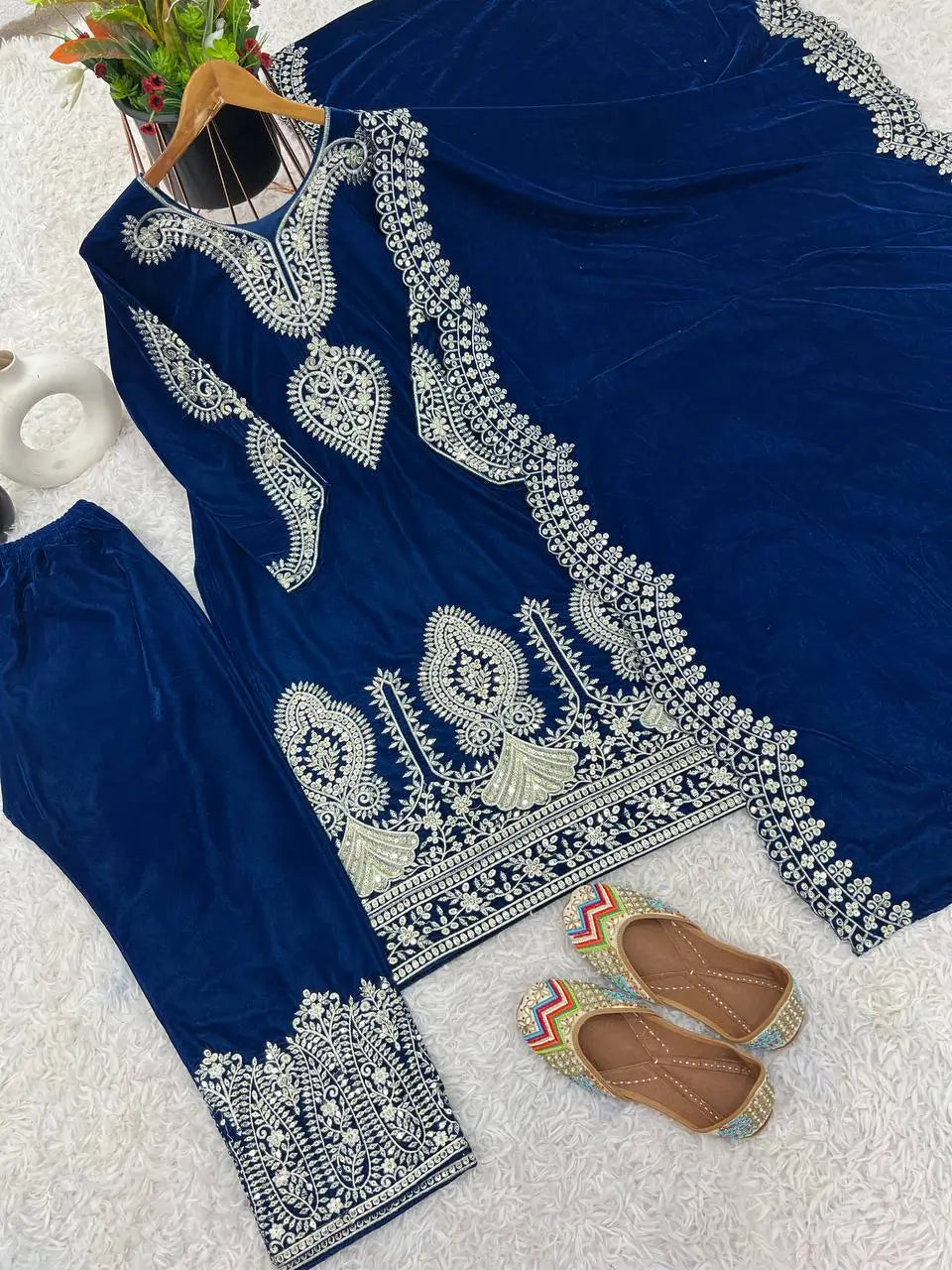 Velvet Embroidered Suit Set with Dupatta